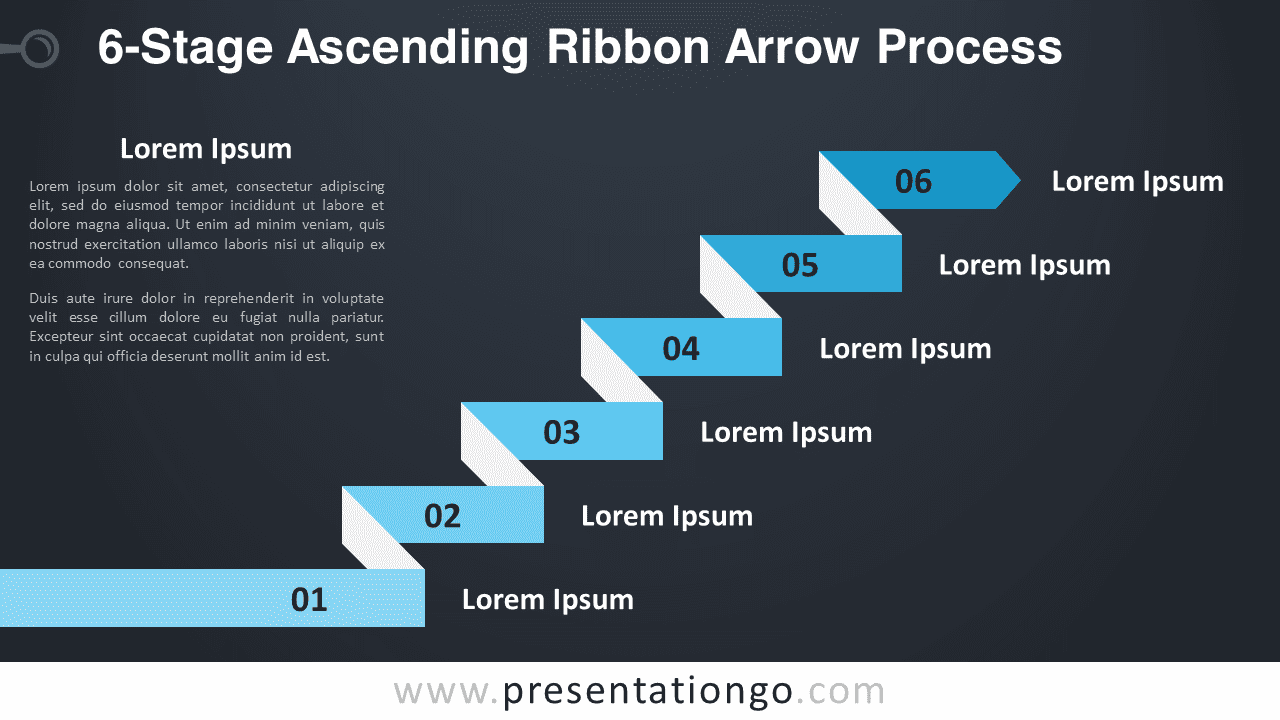Free 6-Stage Ascending Ribbon Arrow Process Graphics for PowerPoint and Google Slides