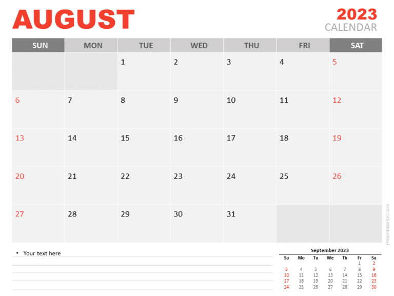 Free Calendar 2023 August Template for PowerPoint