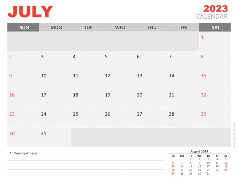 Free Calendar 2023 July Template for PowerPoint