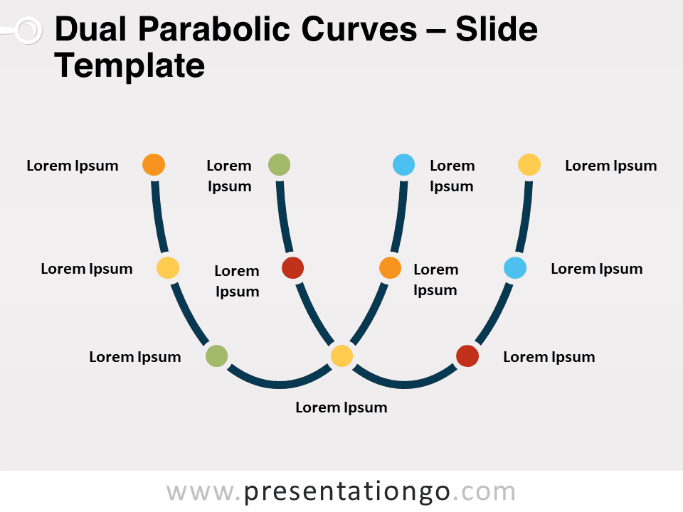 Free Dual Parabolic Curves for PowerPoint featuring two thick, overlapping parabola lines, positioned side by side with a distinct point of intersection.