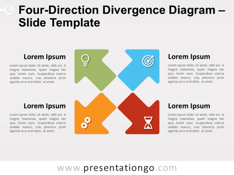 Diagrama de divergencia en cuatro direcciones gratis para PowerPoint y Google Slides, con cuatro flechas personalizables que irradian desde un diamante central