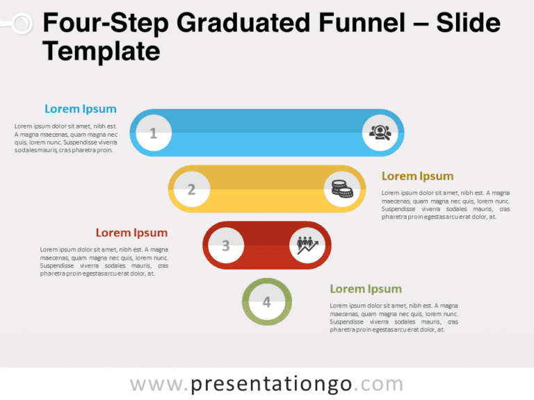 Free Four-Step Graduated Funnel for PowerPoint featuring four centrally aligned perforated strips in a funnel shape.