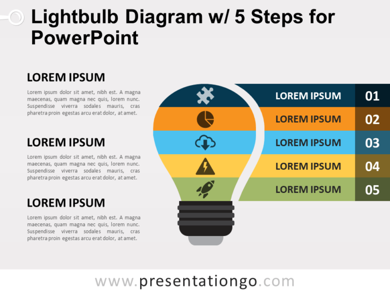 Free Light Bulb Diagram with Five Steps for PowerPoint
