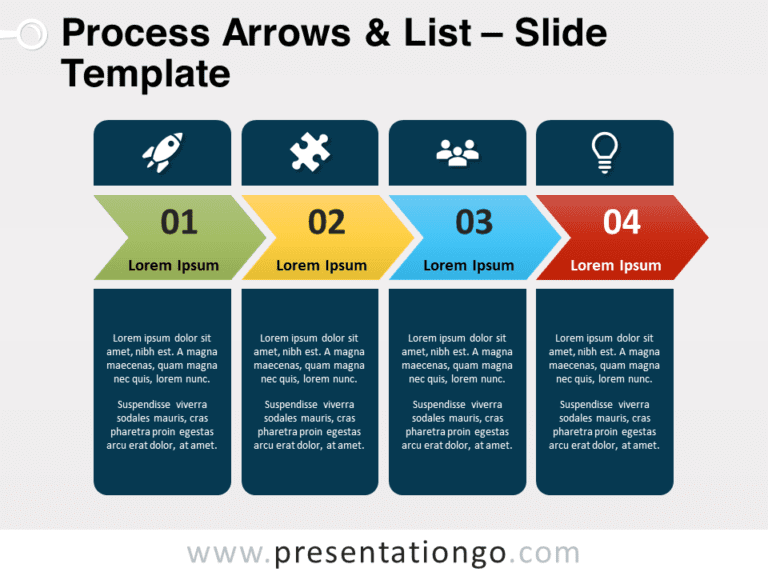 A 4-step process arrows & list diagram for PowerPoint and Google Slides with right arrows and text boxes